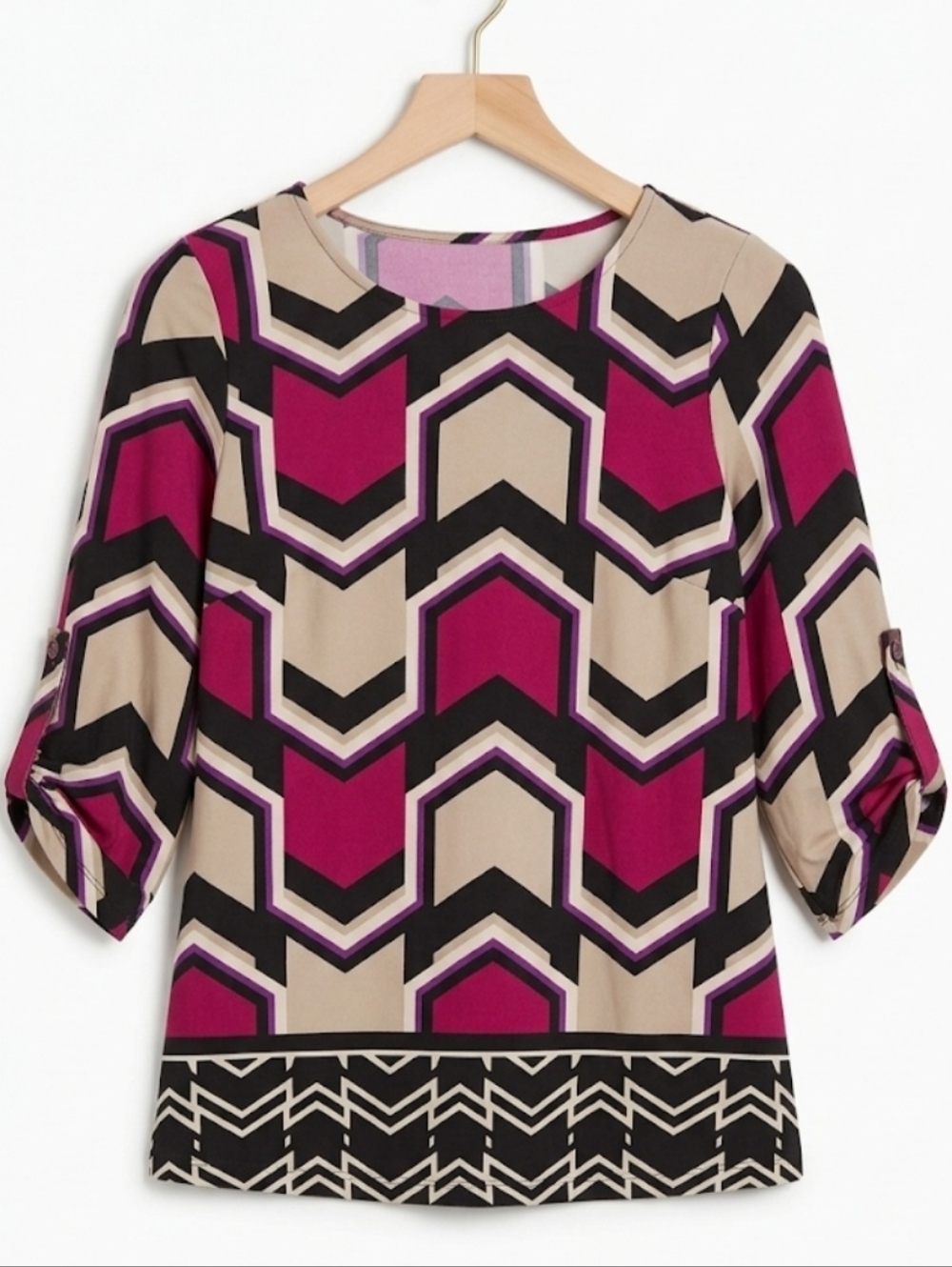 new directions Zigzag Geometric Blouse in Fuchsia, Beige & Black